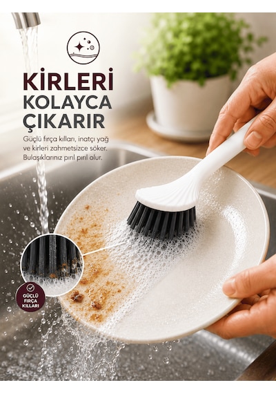 Beylini Tezgah Üstü Silikon Uçlu Bulaşık Yıkama Fırçası Çizdirmez Lavabo Tezgah Üstü Tabak Bardak Banyo Fırça Beyaz