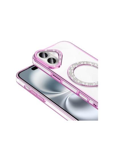 Apple Uyumlu iPhone 16 Kılıf Pırlanta Taş Tasarımlı M-safe Şarj Özellikli Karetta Silikon Kapak Rose Gold