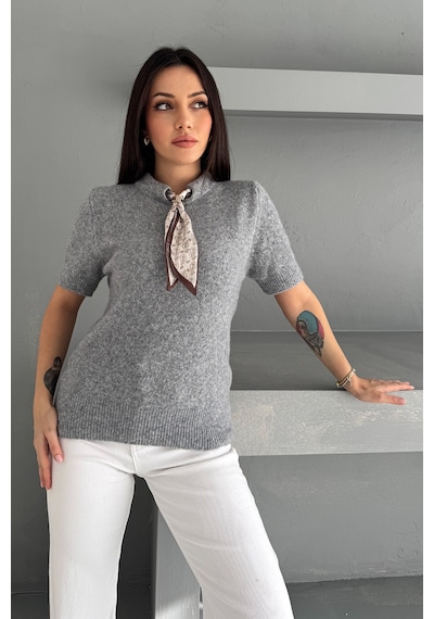 Noa & Noa Kadın Kısa Kollu Fular Detaylı Triko Kazak Soft Elegance Gri