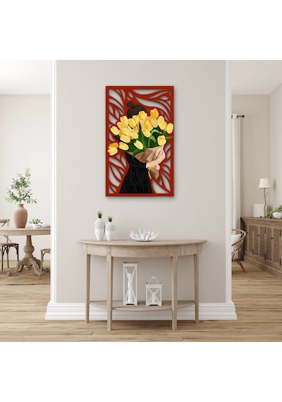Sarı Lale Buketi Taşıyan Kadın - Metal Tablo - Dec0340 77 X 125 Cm Çok Renkli