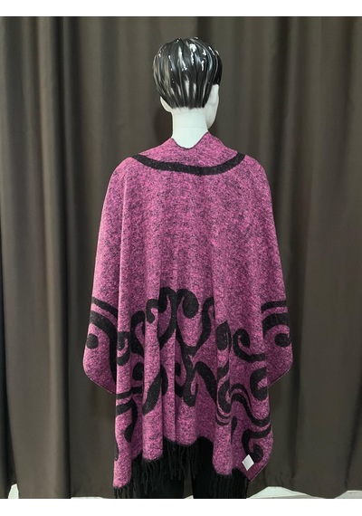Kadın Çift Taraflı Desenli Kışlık Panço Pembe Siyah Etnik Motifli Omuz Şalı Pembe - Siyah