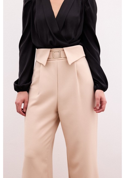 Sateen Bel Detaylı Geniş Paça Pantolon Bej