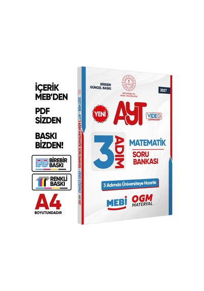 2027 Ayt Mebi-ogm 3 Adım Matematik Soru Bankası Renkli A4 Boyut Video Çözümlü Baskı Ücreti