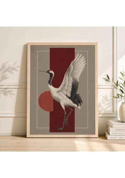 Japon Turnası Sanat Baskısı Kırmızı Ve Beyaz Asya Dekoru Minimalist Vahşi Yaşam Posteri