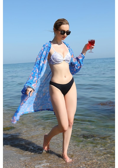 Modi Moda Çizgi Kadın Kimono Pareo Plaj Elbisesi Mavi 38040