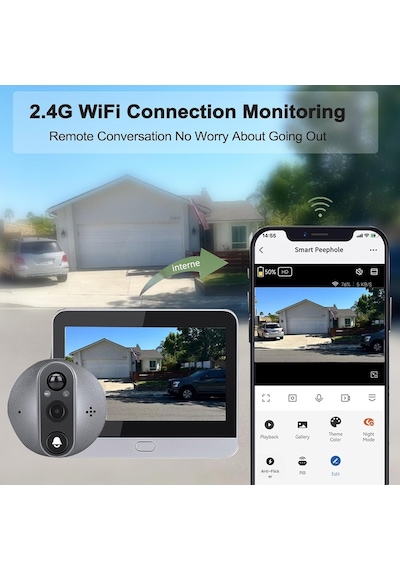 Daire Kapısı İçin Gözetleme Deliği Kamerası, Ön Kapı İçin Wifi Peep Delik Kamerası, Monitörlü 1080p Peep Kamera Kapı Görüntüleyici, 4,3 İnç Lcd Ekran Hareket Algılama, Dijital Kapı Görüntüleyici