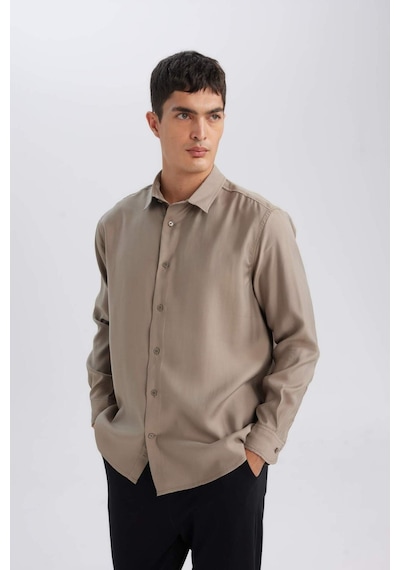 Defacto Relax Fit Polo Yaka Twill Modal Karışımlı Basic Düz Uzun Kollu Gömlek D3376AX24AUKH466 Haki
