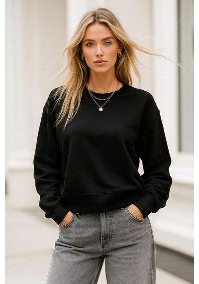 Kadın Siyah Pamuklu İnterlock Oversize Sweatshirt Siyah