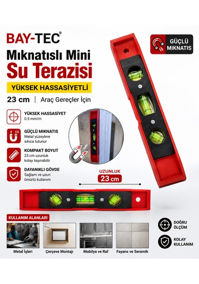 Bay-tec Mıknatıslı Mini Su Terazisi Yüksek Hassasiyetli 23 Cm Araç Gereçler İçin