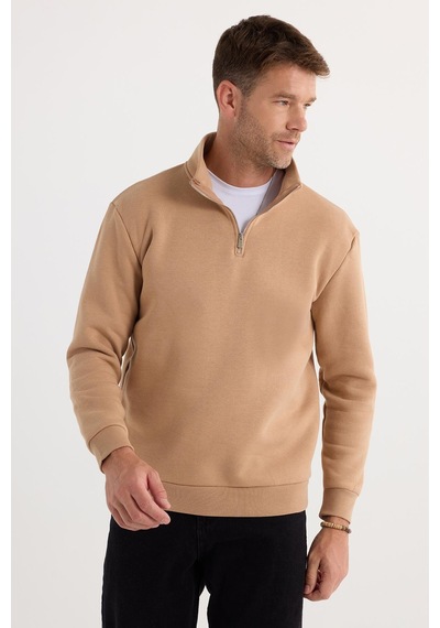 Tudors Unisex Relax Fit Rahat Kesim Pamuklu İçi Polarlı Yarım Fermuarlı Taş Renk Dik Yaka Sweatshirt-29415 Tudors Unisex Relax Fit Rahat Kesim Pamuklu İçi Polarlı Yarım Fermuarlı Taş Renk Dik Yaka Sweatshirt-29415