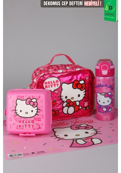 X Dekomus Lisanslı Hello Kitty Love Shine Collection Beslenme Çantası,600 Ml Çelik Matara,beslenme Örtüsü Ve Beslenme Kabı Seti Altın