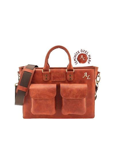 Twingold İsme Özel Askılı Cepli Evrak - Laptop Çantası - %100 Rainbow Deri - Ac09002 - Tobacco Tobacco