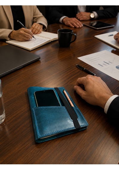 Bilikolik Hakiki Deri A5 Defter Kılıfı, El Yapımı, Telefon Cepli Ajanda Organizer, Defter Ve Kalem Dahil Mavi