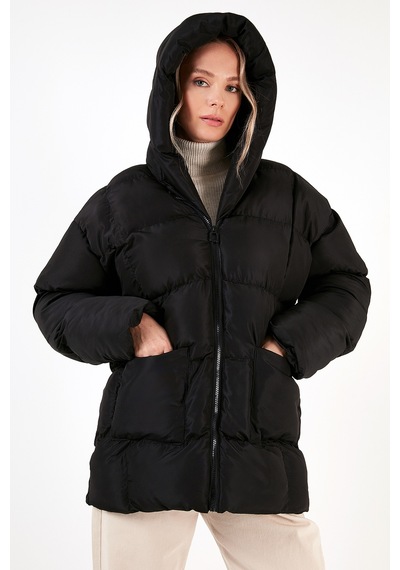 Lela Oversize Fit Kapüşonlu Şişme Bayan Mont 640Y047 Siyah