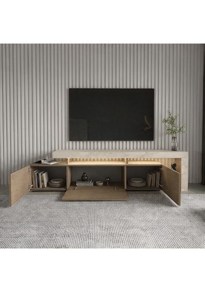 Beliz Modern Led Işıklı 3 Kapaklı, Raflı Tv Sehpası 192 Cm Traverten/sıcak Meşe Beliz Modern Led Işıklı 3 Kapaklı, Raflı Tv Sehpası 192 Cm Traverten/sıcak Meşe