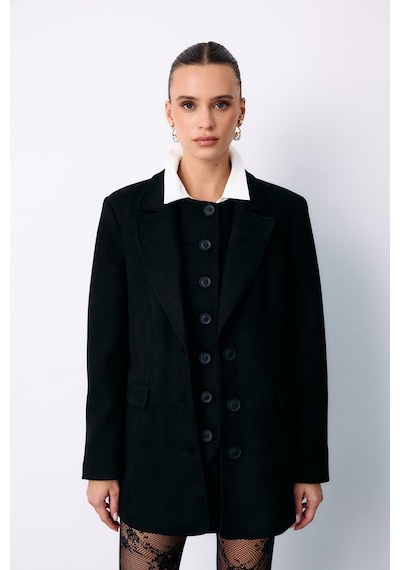 Sateen Düğmeli Süet Ceket - Siyah-135437 Siyah