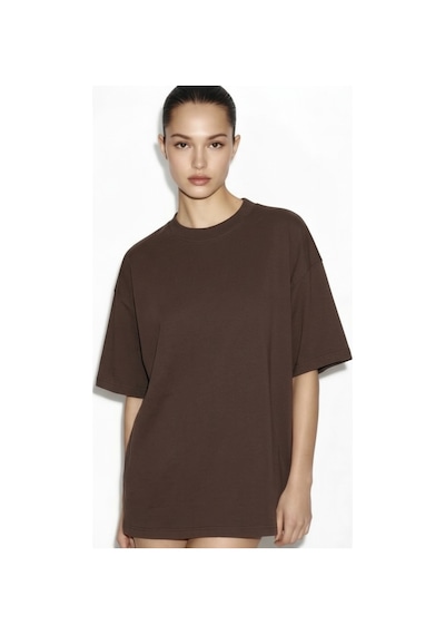Feg Store %65 Pamuk Kadın Oversize Kahverengi Fit Bisiklet Yaka T-shirt