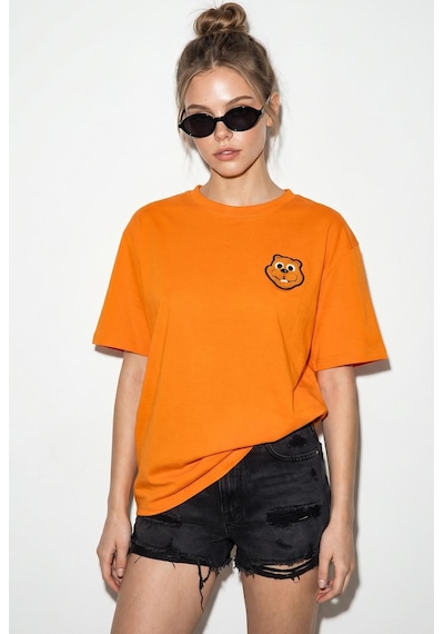 Shade Kadın Cotton Nakışlı Teddy Detaylı Bisiklet Yaka T-shirt 60382610 - Turuncu 2XL