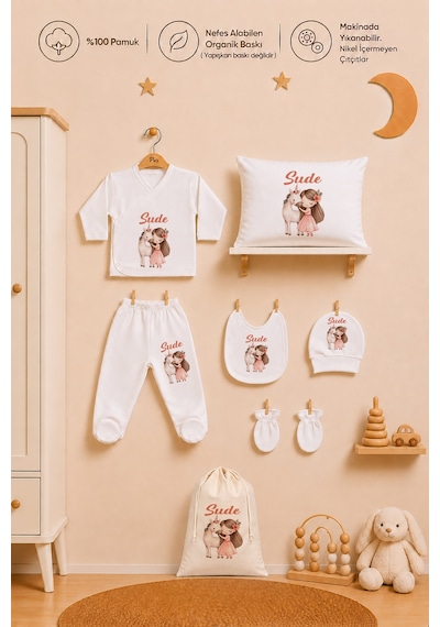 Pia Baby Kişiye Özel %100 Pamuk Kız Bebek Hastane Çıkışı Zıbın Seti 8 Parça Kese Hediyeli 1105zybk0x Krem