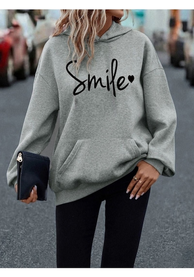 Smile Sweatshirt - Gri Baskılı Oversize Kapüşonlu Gri
