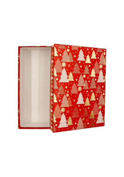 Yılbaşı Hediye Kutusu 27x19x7 Cm Kırmızı Noel Temalı Kapaklı Hediye Kutusu / Dayanıklı Karton, Altın Deta