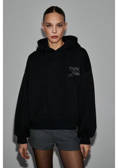 Grımelange Asterelle Kadın Pamuklu İçi Polarlı Oversize Kapüşonlu Sırtcı Patch Detaylı Siyah Sweatsh Siyah