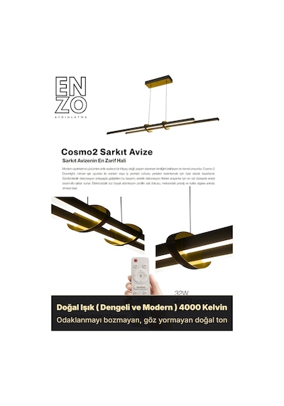 Cosmo 2 Gold Lineer Led Sarkıt Avize Kumandalı Dim Edilebilir Aşağı Işık Doğal Işık
