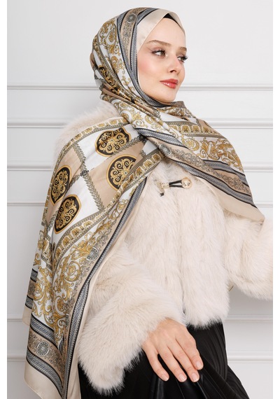 Sevitli Versace Desenli Hint İpeği Şal-krem-4536