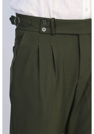 Haki Çift Pileli Tokalı Yüksek Bel Slim Fit Pantolon Wessi Yeşil