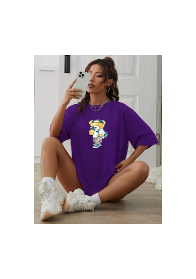 Medinenur Unisex Peluş Ayı Baskılı Bisiklet Yaka Tshirt Mor