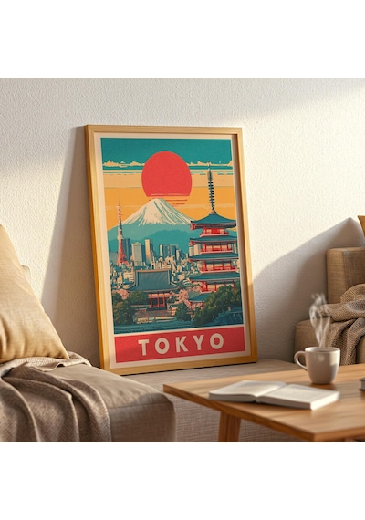 Retro Tokyo Seyahat Posteri: Fuji Dağı Ufuk Çizgisi Sanatı &