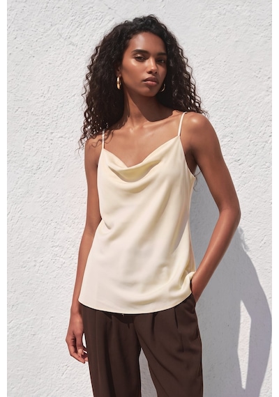 Sateen Askılı Degaje Yaka Bluz - Bej-137662
