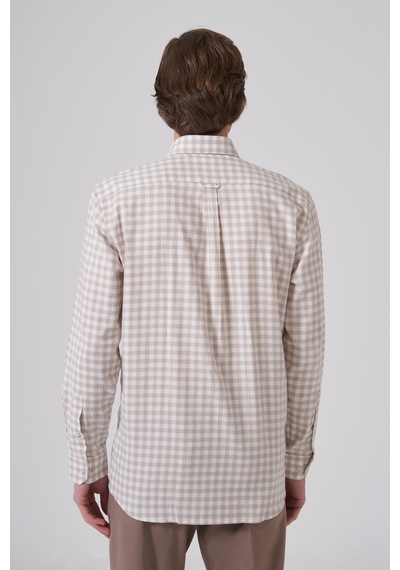 Morven Erkek Bej Pamuk Trend Kareli Regular Fit Düğmeli Yaka Gömlek 26ms004014653 Bej