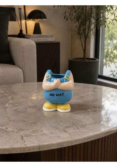 Dekoratif Figürlü Mavi Pop Art Saksı - Eğlenceli Sarı Karakter Masaüstü Ve Ev Dekorasyon Objesi