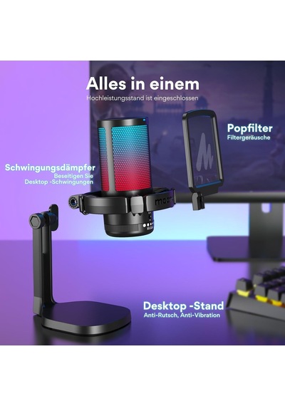 Pc İçin Usb Mikrofon, Sessiz Düğmeli Rgb Oyun Mikrofonu, Gürültü Önleyici Kondenser Mikrofon, Akış, Podcast, Ka