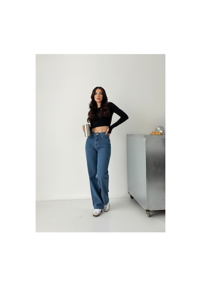 Kene Jeans Kadın Yüksek Bel Mavi Boyfriend Bol Paça Denim Kot Pantolon Mavi