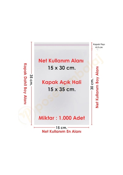 15x30+5 Cm. 15x35 1.000 Adet Şeffaf Bantlı Yapışkanlı Opp Poşet