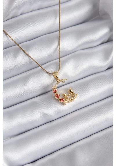 316l Çelik Gold Renk Hilal Kedi Model Zirkon Taşlı Detay Kadın Kolye Çok Renkli