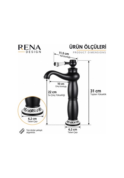 Rena Design Rustik Siyah Çanak Lavabo Bataryası Banyo Yüksek Musluk Porselen Işleme Armatür Otantik Retro