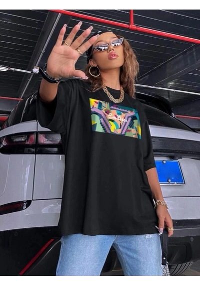 Startmore Kadın Siyah Oversize %100 Pamuk Endless Baskılı T-shirt Siyah