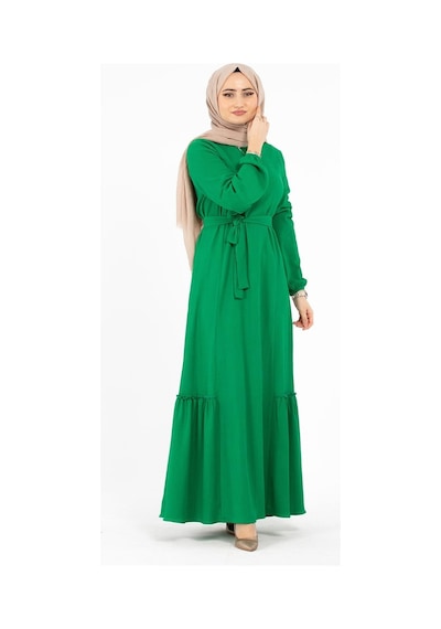 Sevitli Beli Kemerli Bürümcük Elbise - Yeşil-1416-kiremit Kiremit Sevitli Beli Kemerli Bürümcük Elbise - Yeşil-1416-kiremit Kiremit