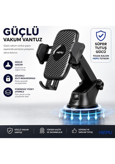 Hp-a21 Uzun Kollu Araç İçi Telefon Tutucu Karbon Desenli Gövde + Vantuz Taban Cam & Torpido Uyumlu 2 Mixed