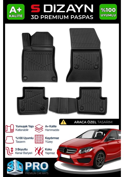 S-dizayn Mercedes B Serisi W246 3d Pro Havuzlu Paspas 2011-2018 A+ Kalite