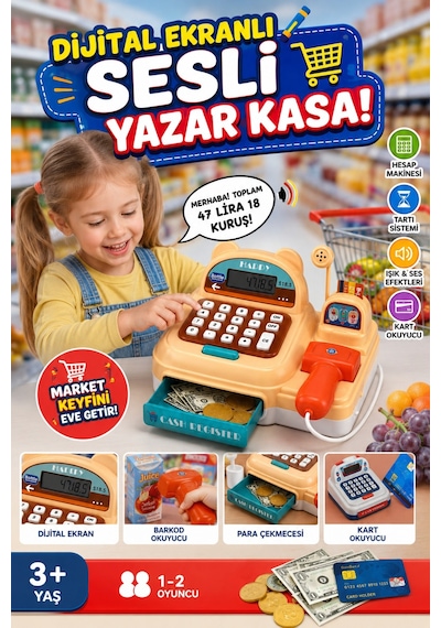 Eğitici Oyuncak Yazar Kasa Seti - Sesli, Işıklı, Dijital Ekranlı Ve Hesap Makineli Market Kasası