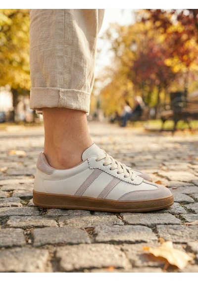 Potinonline 810 Kadın Hakiki Deri Süet Yanı Çizgili Sneaker Ayakkabı Bej