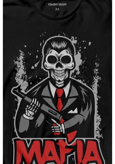 Skull Ganster Mafia Temalı Silahlı Adam Uzun Kollu Tişört Baskılı T-shirt 001