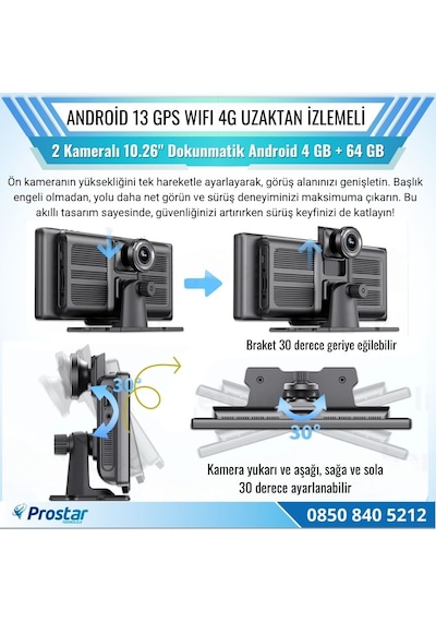 Kayıtlı 2 Kameralı Android 13 Wıfı Gps 4g Uzaktan İzlemeli 4 Gb + 64 Gb Carplay 512 Gb Destekli Tak Kullan Kamera Seti