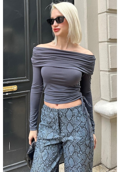 Madmext Füme Büzgülü Kayık Yaka Kadın Bodysuit Mg2250 Füme