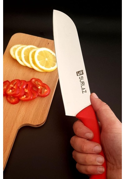 Sürlaz Red Santoku Şef Bıçak Seti Mutfak Bıçağı 2'li Çok Renkli