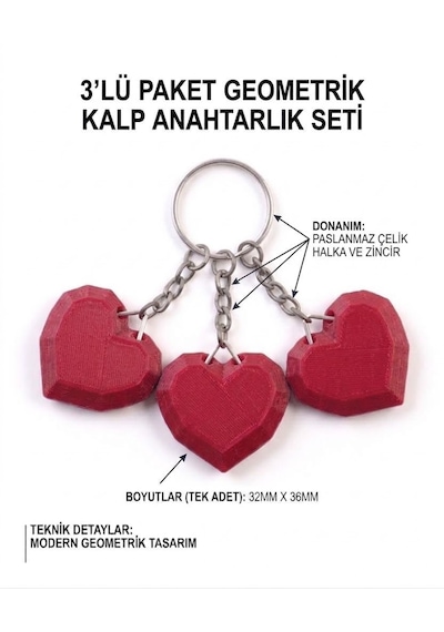 3'lü Geometrik Kalp 3d Anahtarlık & Çanta Süsü Kırmızı